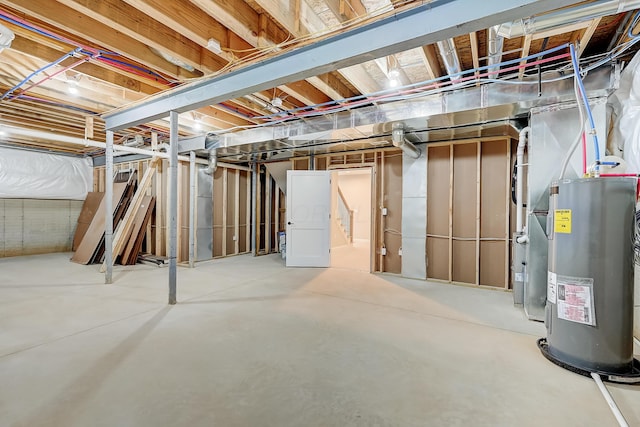 unfinished basement featuring water heater