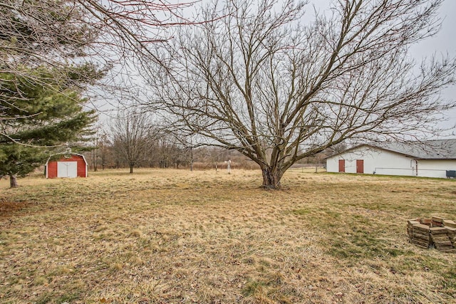 view of yard featuring an outbuilding and a shed