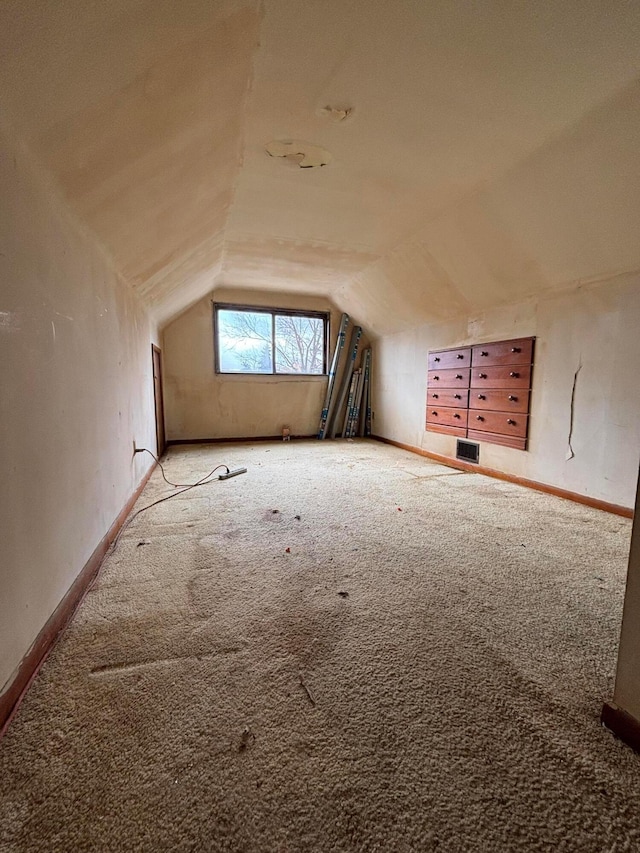 additional living space featuring carpet, visible vents, and vaulted ceiling