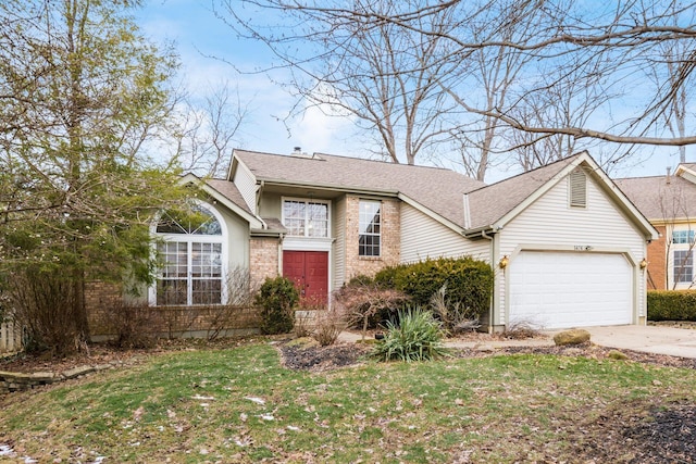 ranch-style house featuring brick siding, concrete driveway, roof with shingles, an attached garage, and a front yard