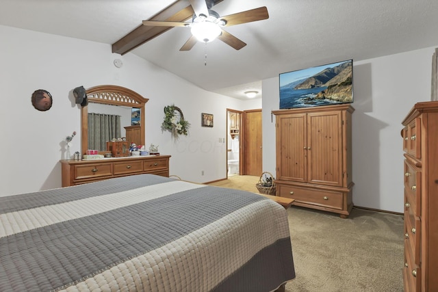 bedroom with light carpet, baseboards, a ceiling fan, and vaulted ceiling with beams