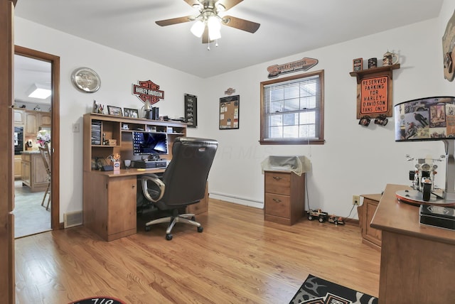 office featuring light wood-style floors, visible vents, and ceiling fan