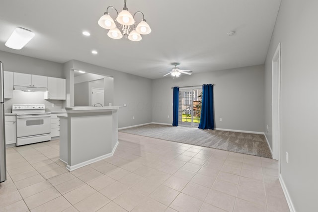 kitchen featuring under cabinet range hood, light countertops, white range with electric cooktop, light colored carpet, and white cabinetry