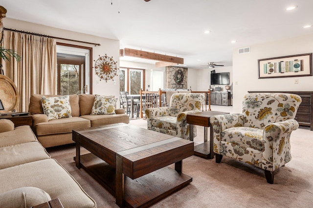 living room featuring ceiling fan, carpet floors, visible vents, and recessed lighting