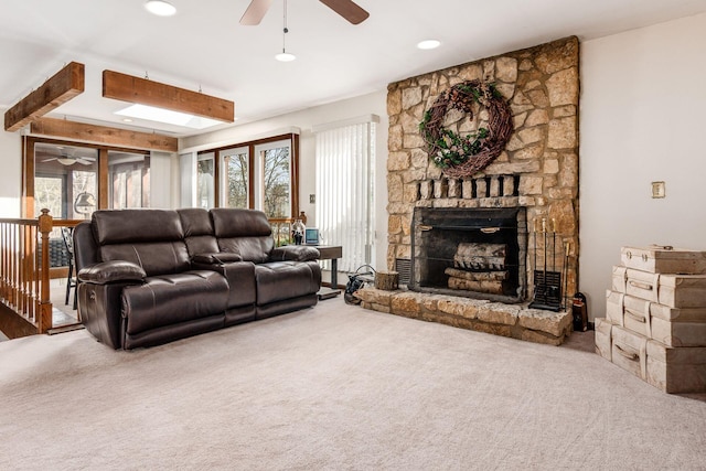 living room featuring a fireplace, carpet flooring, a ceiling fan, and recessed lighting