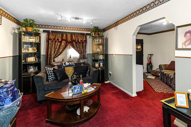 living area with baseboards, arched walkways, crown molding, a textured ceiling, and carpet flooring