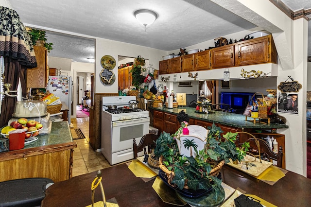 kitchen featuring dark countertops, freestanding refrigerator, a peninsula, white gas range, and a textured ceiling