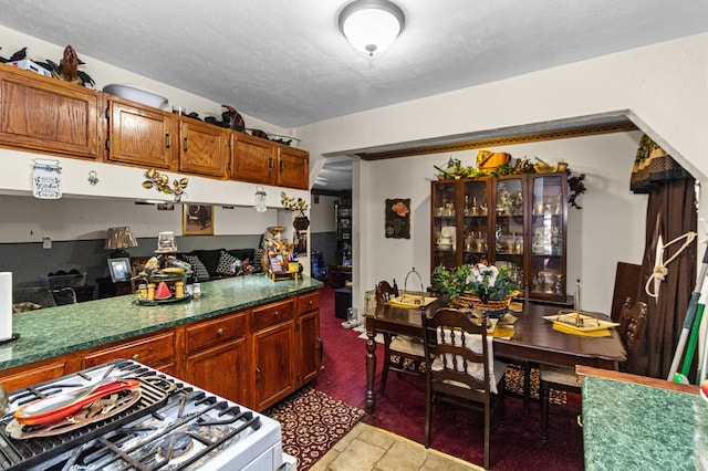 kitchen featuring a textured ceiling, white gas stove, and dark countertops