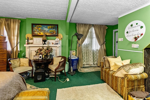 living area featuring carpet flooring and a textured ceiling