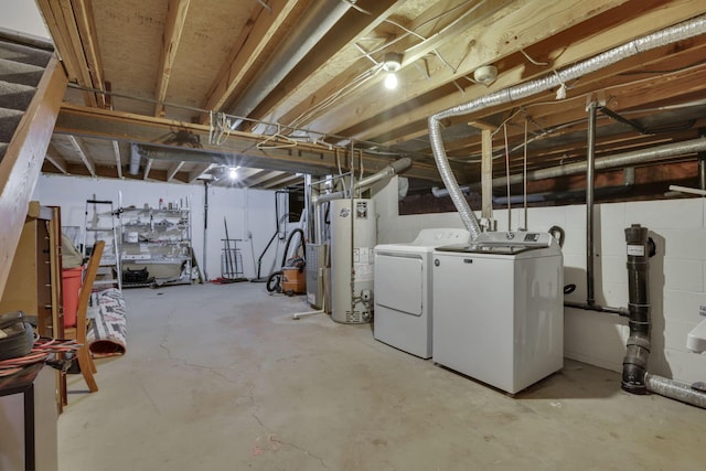 unfinished below grade area featuring washer and clothes dryer and gas water heater