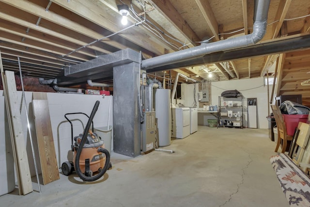 unfinished basement with water heater, electric panel, and washer and dryer