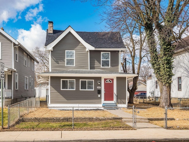 view of front of house featuring entry steps, a fenced front yard, roof with shingles, a gate, and a chimney