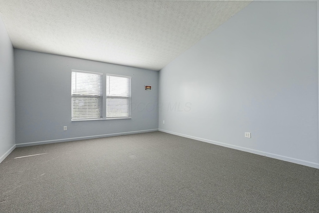 spare room with a textured ceiling, carpet, and baseboards