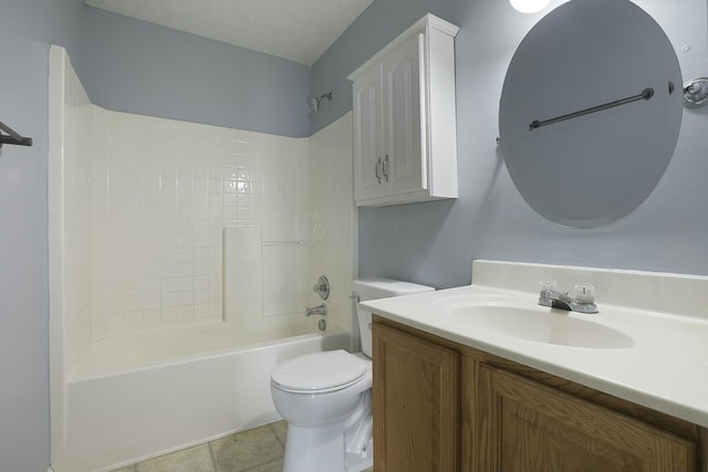 full bathroom with toilet, tile patterned flooring, tub / shower combination, a textured ceiling, and vanity