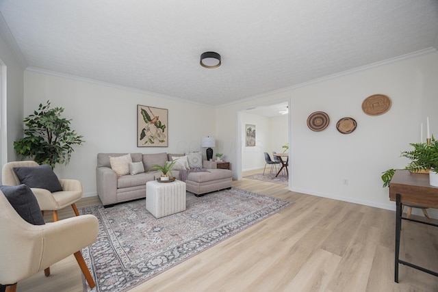 living room featuring crown molding, light wood-style flooring, baseboards, and a textured ceiling