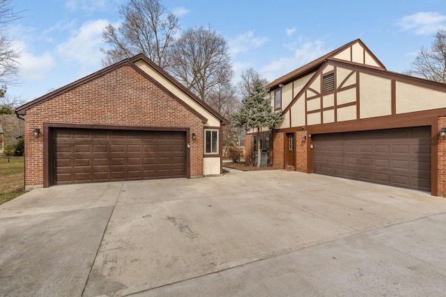 exterior space with brick siding and stucco siding