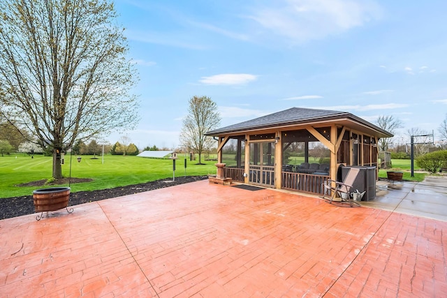 view of home's community with a gazebo, a yard, and a patio