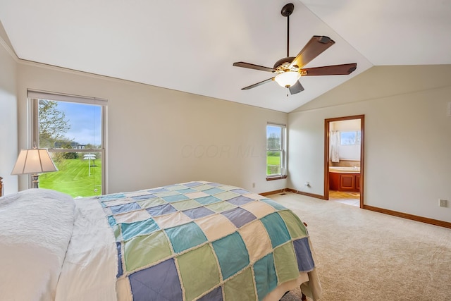 carpeted bedroom with a ceiling fan, baseboards, lofted ceiling, and multiple windows