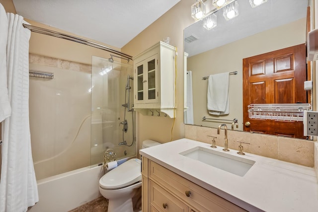 full bath featuring visible vents, toilet, vanity, and shower / bathtub combination with curtain
