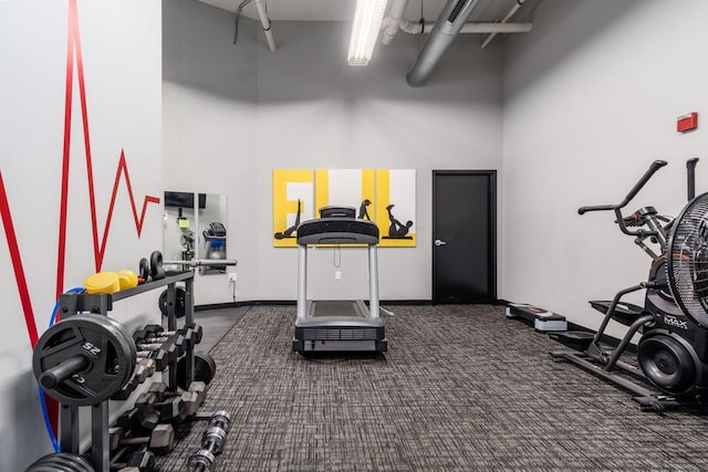 workout area featuring a towering ceiling