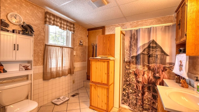 1295 Maple Brook Rd, New Concord, OH 43762 - full bathroom with toilet, wainscoting, tile patterned floors, tile walls, and a paneled ceiling