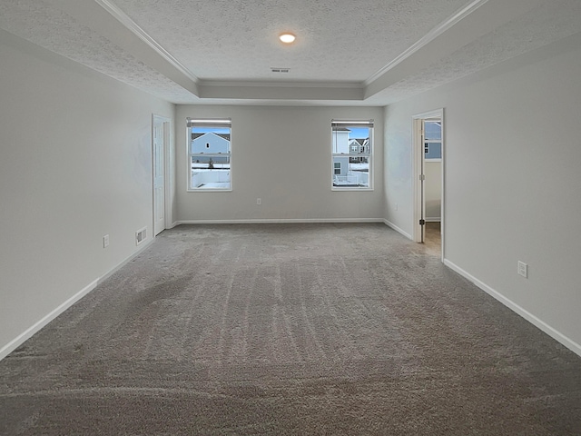 unfurnished room with ornamental molding, a tray ceiling, carpet flooring, and a textured ceiling