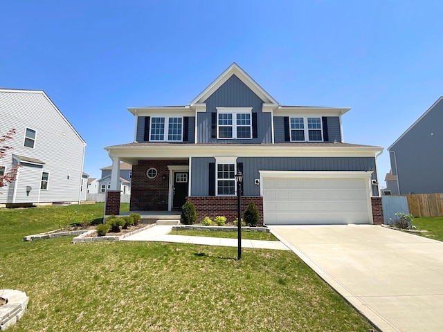 view of front of home with a garage, fence, brick siding, board and batten siding, and driveway