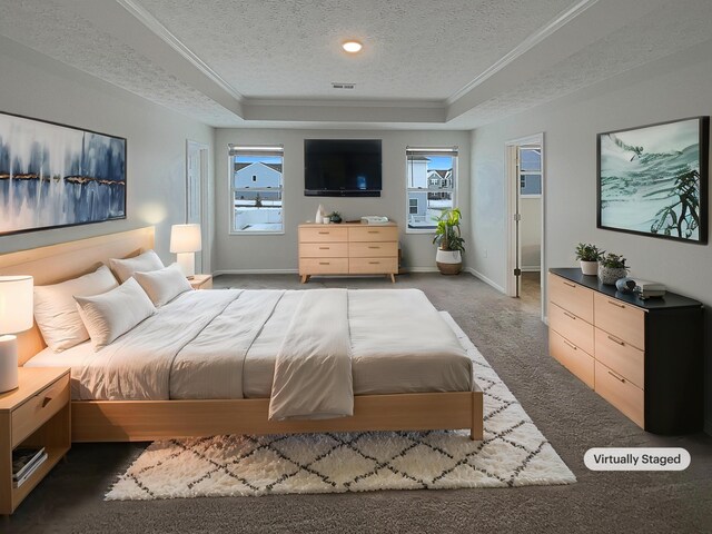 1128 Legacy Ln, Pataskala, OH 43062 - carpeted bedroom with a raised ceiling, a textured ceiling, and ornamental molding