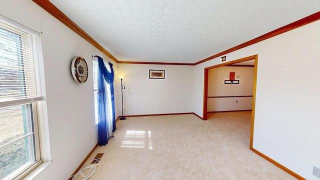 unfurnished room featuring crown molding, light carpet, baseboards, and a textured ceiling