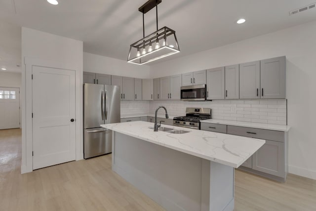 kitchen featuring visible vents, an island with sink, appliances with stainless steel finishes, light stone counters, and a sink