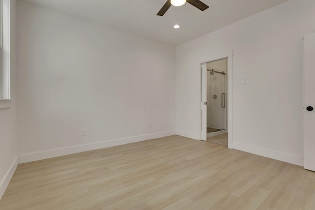 empty room with light wood-type flooring, ceiling fan, baseboards, and recessed lighting