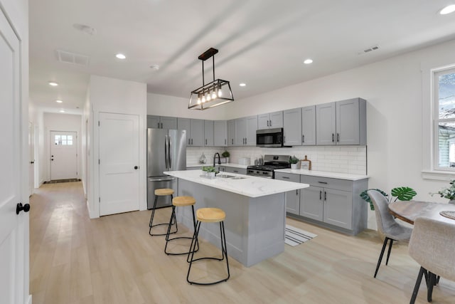 344 Buckingham St, Newark, OH 43055 - kitchen with appliances with stainless steel finishes, gray cabinets, a sink, backsplash, and recessed lighting