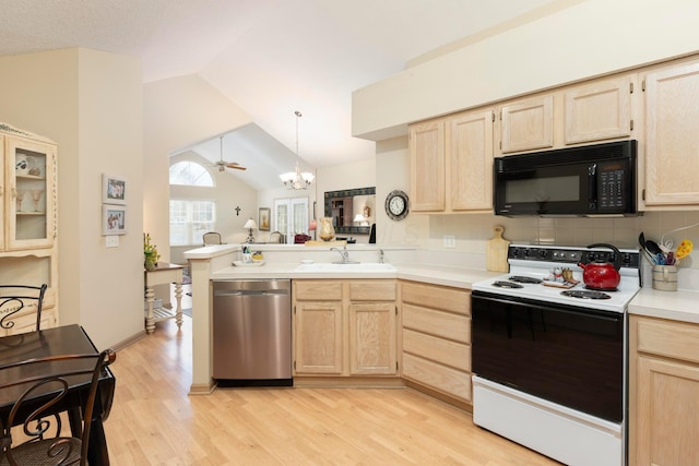 kitchen featuring black microwave, range with electric cooktop, a sink, stainless steel dishwasher, and light brown cabinetry