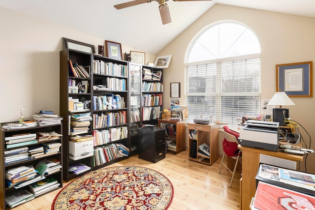 office space featuring lofted ceiling, wood finished floors, and a ceiling fan