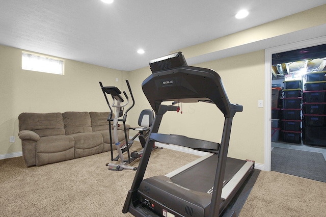 workout room featuring baseboards, carpet flooring, and recessed lighting