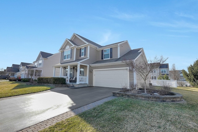 traditional-style house featuring aphalt driveway, an attached garage, covered porch, and a front yard