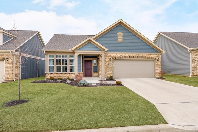 craftsman inspired home with driveway, a shingled roof, a front lawn, stone siding, and a garage