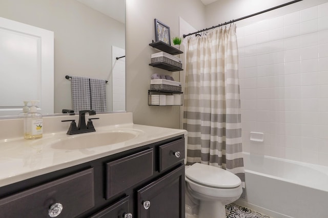 full bath featuring toilet, vanity, and shower / bath combination with curtain