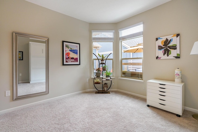 misc room featuring light colored carpet and baseboards