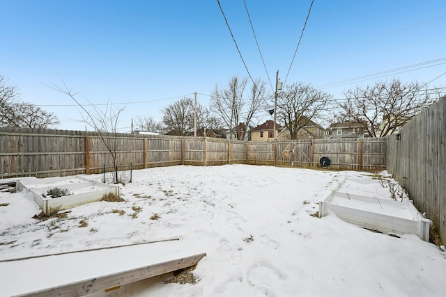 yard layered in snow with a fenced backyard and a vegetable garden