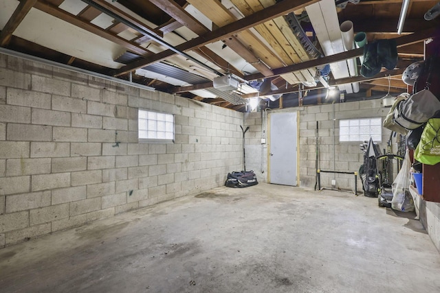 basement with concrete block wall