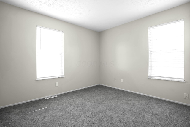 empty room with dark colored carpet, a wealth of natural light, and a textured ceiling