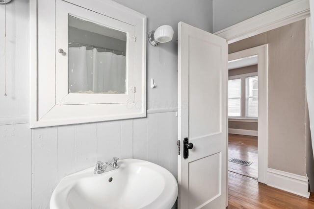 bathroom featuring visible vents, a sink, baseboards, and wood finished floors