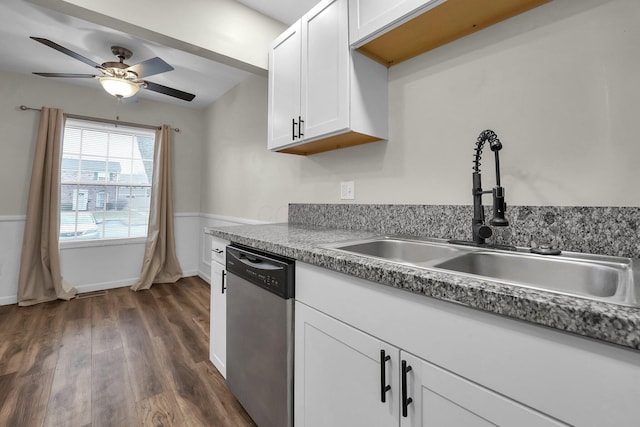 kitchen featuring white cabinets, dishwasher, dark wood-style floors, ceiling fan, and a sink