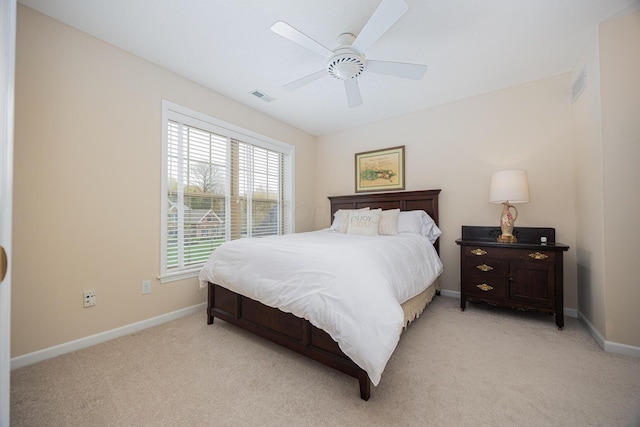 413 Ashmoore Cir E, Powell, OH 43065 - bedroom featuring visible vents, ceiling fan, baseboards, and light carpet