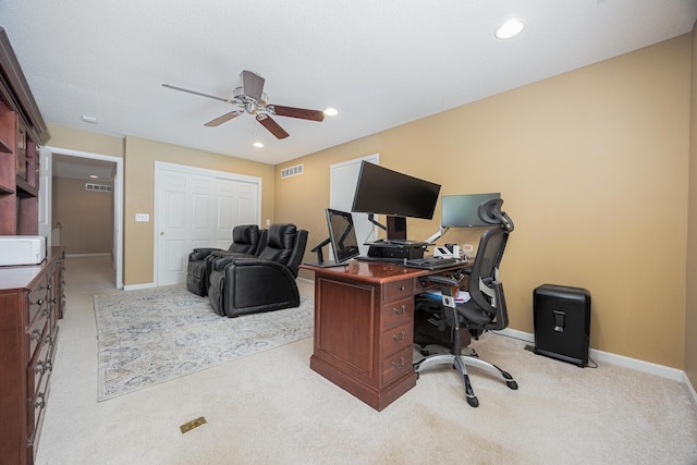 413 Ashmoore Cir E, Powell, OH 43065 - office area featuring visible vents, ceiling fan, light carpet, and baseboards