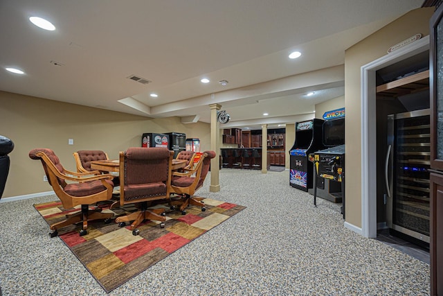 413 Ashmoore Cir E, Powell, OH 43065 - dining room with visible vents, baseboards, recessed lighting, indoor bar, and wine cooler