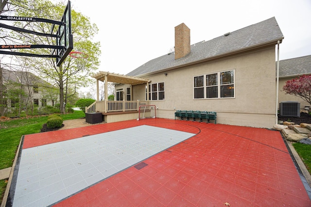 413 Ashmoore Cir E, Powell, OH 43065 - exterior space with a chimney, stucco siding, central air condition unit, roof with shingles, and a pergola