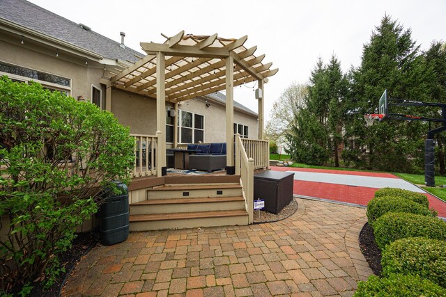 413 Ashmoore Cir E, Powell, OH 43065 - view of patio / terrace featuring an outdoor living space, a wooden deck, and a pergola