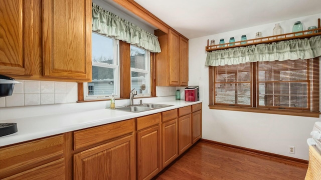 kitchen featuring light countertops, tasteful backsplash, a sink, and a wealth of natural light